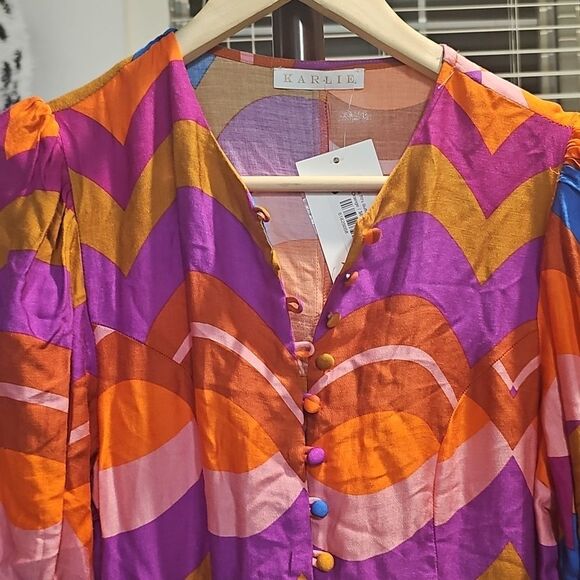 Karlie Multi 70s Button Down Colorful Geometric Patterned Mini Dress Small,NWT - Picture 5 of 10